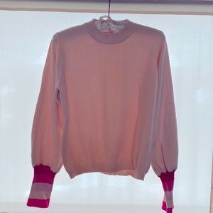 WISPR BY BRODIE CASHMERE Size L Pink Stripe Cuffs Crew Neck Cotton Silk Sweater